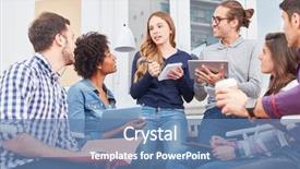  Presentation with learn - Beautiful presentation theme featuring interracial meeting - students discuss and learn together backdrop and a teal colored foreground