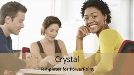  Presentation with board meeting room chairs - PPT theme featuring interracial people - portrait of young businesswoman background and a coral colored foreground