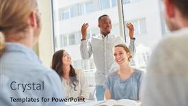  Presentation with exam results - Audience pleasing presentation design consisting of interracial students team celebrate successful exam results backdrop and a light blue colored foreground