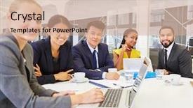  Presentation with business group meeting - Audience pleasing slide set consisting of interracial team in business meeting backdrop and a  colored foreground