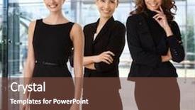  Presentation with lobby - PPT theme having interracial team of happy businesswomen at office lobby background and a tawny brown colored foreground