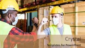  Presentation with reopen - Cool new slide deck with interracial-warehouse-worker-with-face backdrop and a coral colored foreground