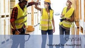  Presentation with reopen - PPT theme enhanced with interracial-warehouse-worker-with-face background and a teal colored foreground