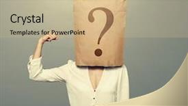  Presentation with brown paper bag - Colorful presentation design enhanced with interrogation - businesswoman with paper bag pointing backdrop and a coral colored foreground