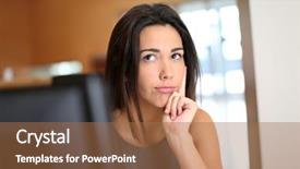  Presentation with look - Presentation design featuring interrogation - office worker with interrogative look background and a coral colored foreground