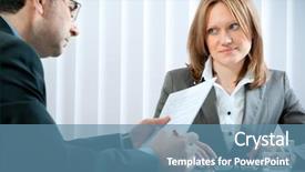  Presentation with interrogation - Beautiful presentation theme featuring interrogation - young woman having a job backdrop and a teal colored foreground