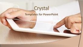  Presentation with tablet - PPT theme with electronics - young hipster wear casual clothes background and a dark gray colored foreground.