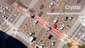  Presentation with man on top of mountain - Slide deck enhanced with intersection - top view of many cars background and a coral colored foreground