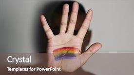  Presentation with rainbow flag - Theme consisting of intersex - closeup of a young caucasian background and a violet colored foreground