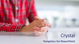  Presentation with human hands open palm up - PPT layouts with intertwine - close up of man hands background and a  colored foreground