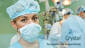  Presentation with interventional cardiology - Theme having interventional cardiology - surgeon assistant nurse in uniform background and a  colored foreground