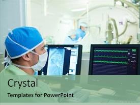  Presentation with cardiology - Cool new presentation theme with interventional cardiology male surgeon doctor backdrop and a seafoam green colored foreground