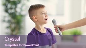  Presentation with microphone - Presentation design with interview children - female hand giving microphone background and a violet colored foreground