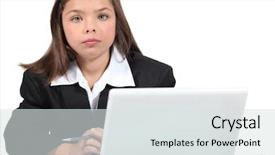  Presentation with worker - Cool new PPT theme with interview children - little girl dressed as business backdrop and a light gray colored foreground