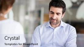  Presentation with interview - Audience pleasing presentation theme consisting of interview of two business professionals backdrop and a sky blue colored foreground