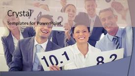  Presentation with interview - Beautiful PPT theme featuring interview panel holding score cards backdrop and a coral colored foreground