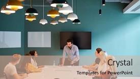  Presentation with meeting table - Colorful slide deck enhanced with interview process - businessman addressing group of candidates backdrop and a coral colored foreground