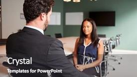  Presentation with assessment - Amazing PPT theme having interview process - businessman interviewing female candidate backdrop and a dark gray colored foreground