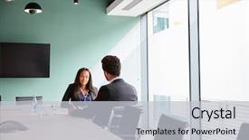  Presentation with assessment - Colorful slide set enhanced with interview process - businessman interviewing female candidate backdrop and a light gray colored foreground