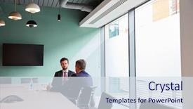 Presentation with assessment - Slide set featuring interview process - businessman interviewing male candidate background and a sky blue colored foreground