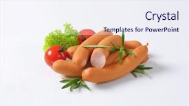  Presentation with plantation tomatoes - Audience pleasing presentation theme consisting of intestine - pork sausages with lettuce backdrop and a sky blue colored foreground