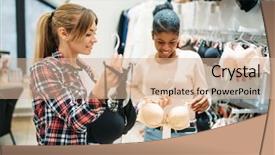  Presentation with women - Audience pleasing slide deck consisting of intimate apparel - two women shopping lingerie department backdrop and a soft green colored foreground