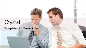  Presentation with employees working together - Cool new presentation design with intranet - two concentrated businessmen working together backdrop and a lemonade colored foreground