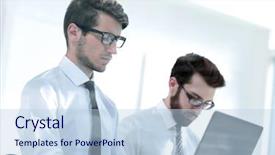  Presentation with employees - Presentation design consisting of intranet - two serious employees work background and a light blue colored foreground