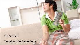  Presentation with intravenous therapy - Presentation theme with intravenous therapy - young man suffering at home background and a lemonade colored foreground