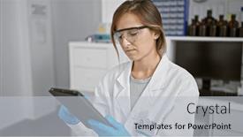  Presentation with medical analysis - PPT theme featuring intrigued-young-blonde-scientist-engrossed background and a light gray colored foreground
