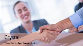  Presentation with shaking hands - Cool new PPT layouts with introducing team - business people shaking hands backdrop and a coral colored foreground