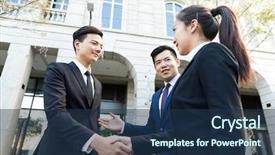  Presentation with hand shake telephone - Presentation design featuring introducing team - businessman hand shaking with his background and a ocean colored foreground