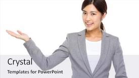  Presentation with show - Amazing slide deck having intruduce - businesswoman with hand show backdrop and a light blue colored foreground