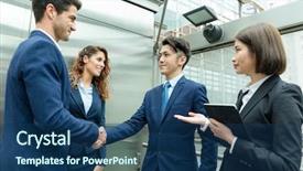  Presentation with five business people standing together and smiling - Presentation theme consisting of foreign - group of business people working background and a ocean colored foreground