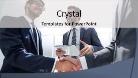  Presentation with modern reflective office buildings - PPT layouts featuring introducing team - handshake business partners background and a light gray colored foreground