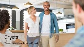  Presentation with happy sad face man - Slide deck consisting of intruduce - happy cheerful african man introducing background and a coral colored foreground