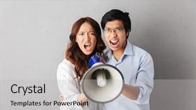  Presentation with angry - Audience pleasing theme consisting of introduce speaker - angry asian business couple standing backdrop and a light gray colored foreground