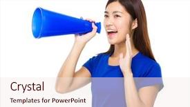  Presentation with asian - PPT theme with introduce speaker - asian woman shout with meagaphone background and a  colored foreground