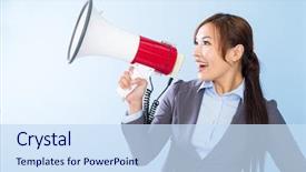  Presentation with speaker - Presentation theme having introduce speaker - businesswoman shouting with loudspeaker background and a sky blue colored foreground