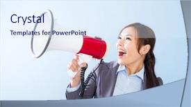  Presentation with speaker - PPT layouts with introduce speaker - businesswoman yell with loudspeaker background and a sky blue colored foreground