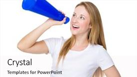  Presentation with speaker - Slides with introduce speaker - caucasian woman yell with megaphone background and a sky blue colored foreground
