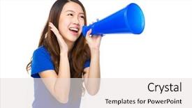  Presentation with young business woman smile show - Slides featuring introduce speaker - excited young woman shout background and a sky blue colored foreground