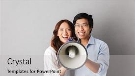  Presentation with asian - Cool new PPT theme with introduce speaker - happy asian business couple standing backdrop and a light gray colored foreground