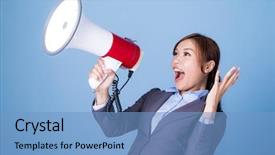 Presentation with speaking - Beautiful presentation theme featuring introduce speaker - happy businesswoman speaking with megaphone backdrop and a light blue colored foreground
