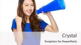  Presentation with happy young student girl holding - PPT theme having introduce speaker - happy girl hold with megaphone background and a white colored foreground