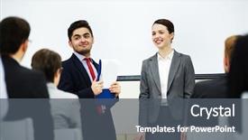  Presentation with speaker - PPT layouts having introduce speaker - successful businessman introducing his co-worker background and a dark gray colored foreground