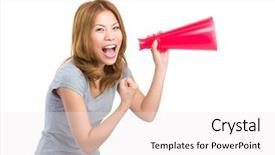  Presentation with crime woman on the run - Colorful slide deck enhanced with introduce speaker - thrilled woman shout with megaphone backdrop and a  colored foreground