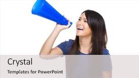  Presentation with speaker - Cool new presentation with introduce speaker - woman hold loudspeaker backdrop and a light gray colored foreground