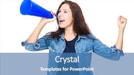  Presentation with young business woman smile show - PPT layouts with introduce speaker - woman shout with megaphone background and a  colored foreground