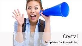  Presentation with yelling - PPT layouts featuring introduce speaker - young woman thrilled to use background and a white colored foreground